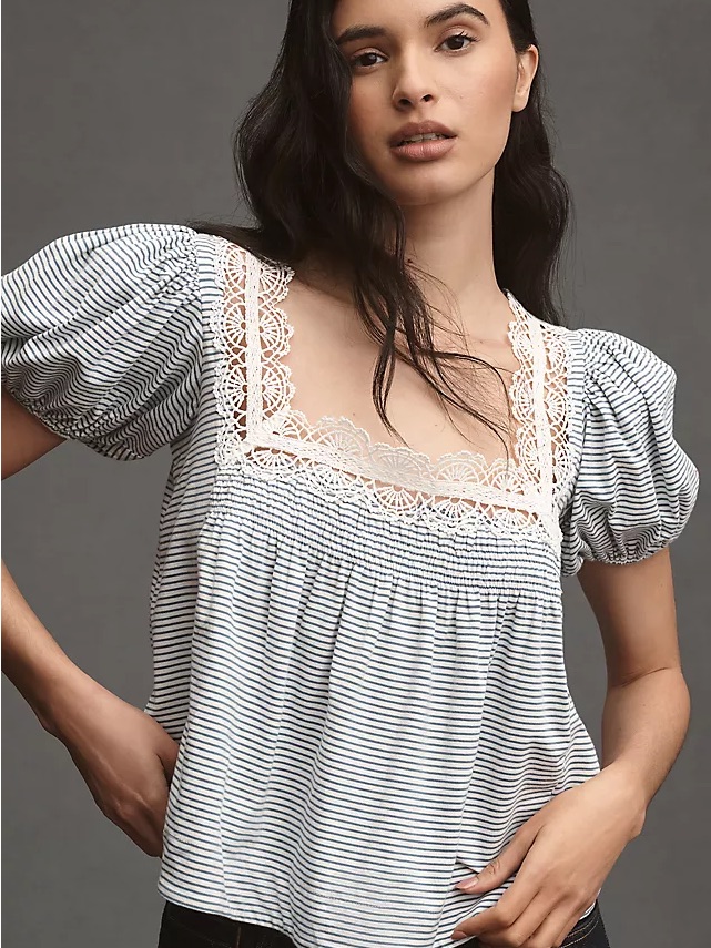 Maeve Square-Neck Puff-Sleeve Swing Tee Blue Nwt Size Small